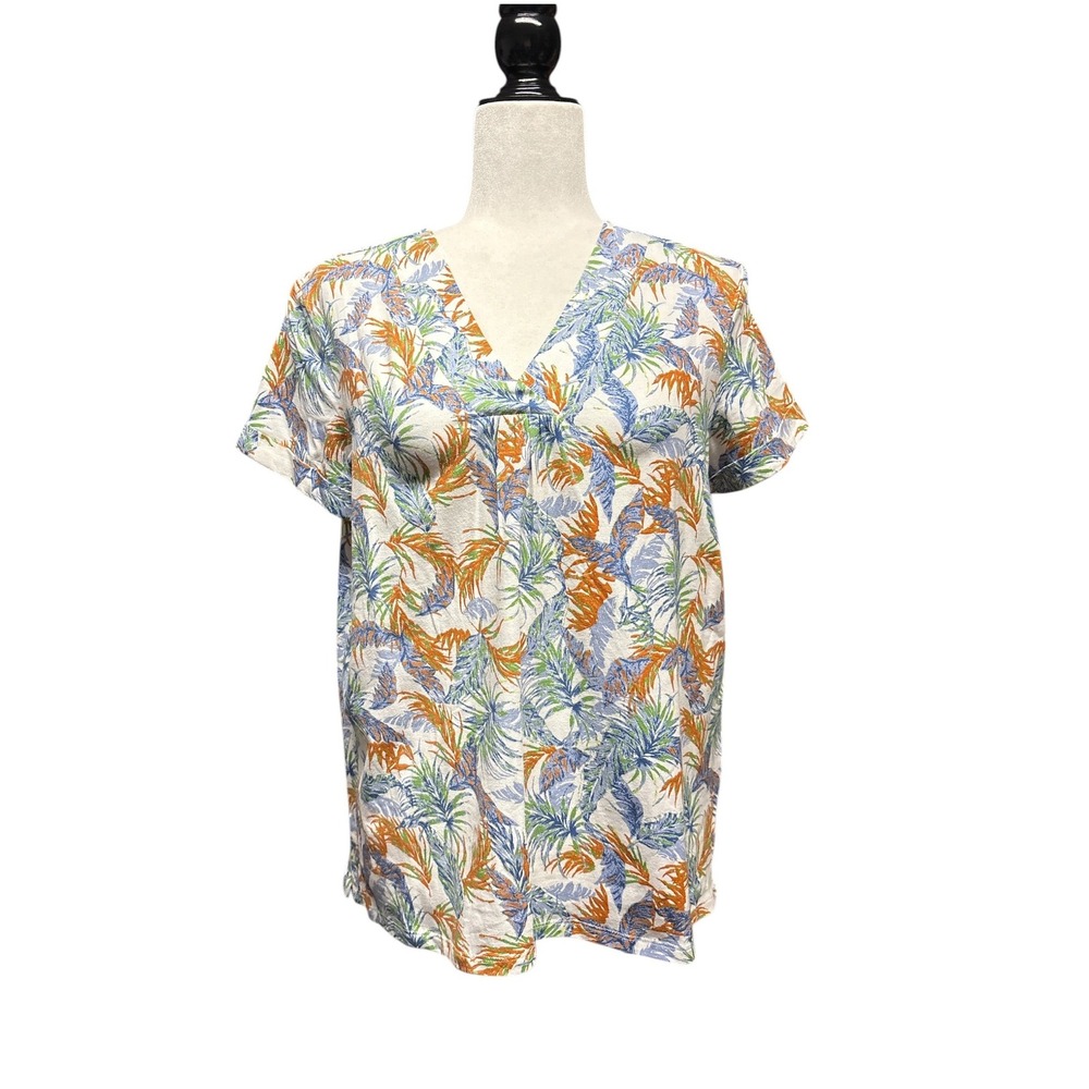 Tribal Easy Living Tropical Palm Print‎ V-Neck Knit Top Coral Gold Blue Sz M NWT